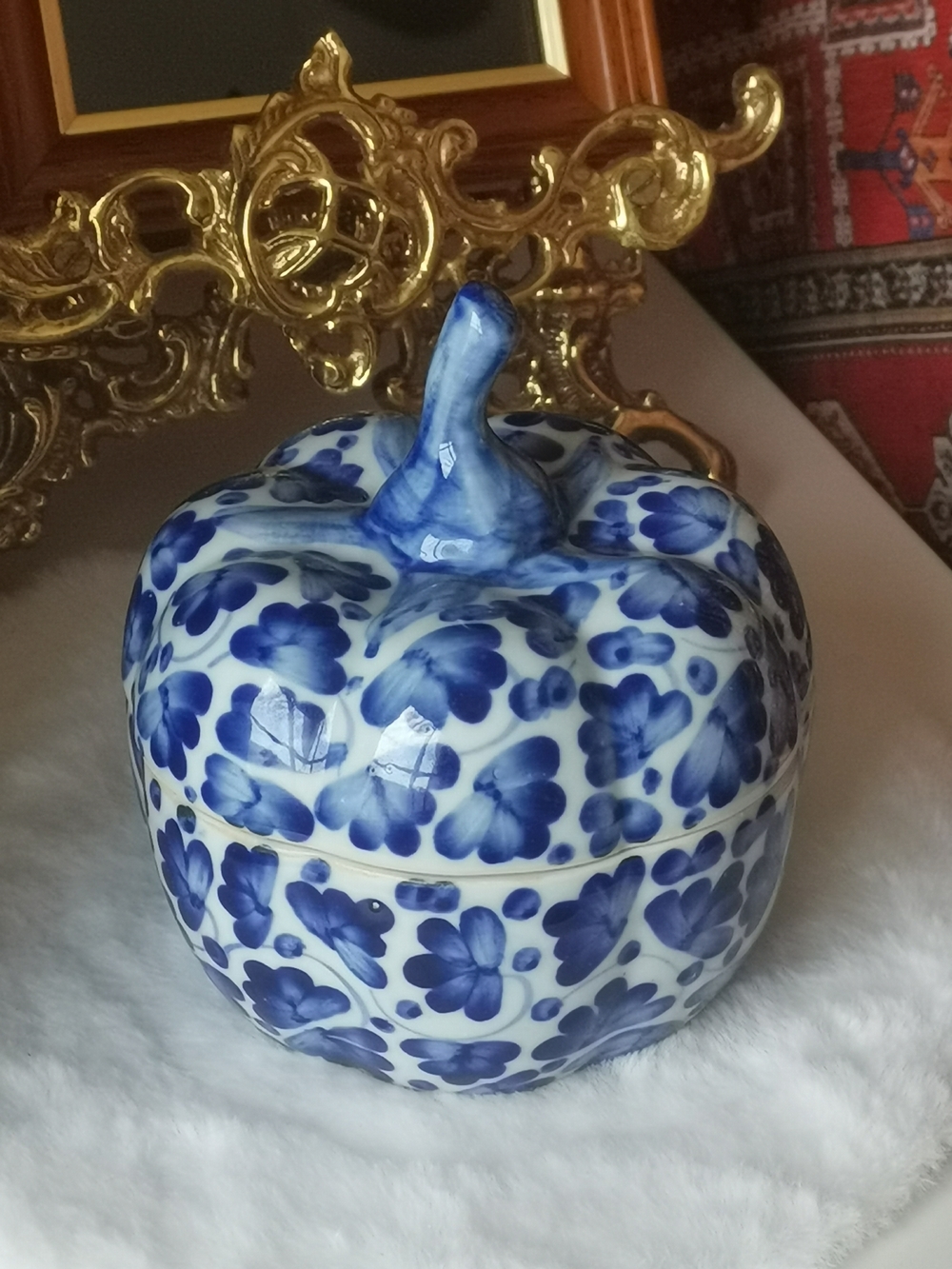 Blue and White Floral Ceramic Pumpkin Lidded Bowl/Trinket Box